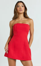 Catharine Mini Dress - Strapless A Line Dress in Red