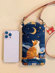 Moon And Cat Quilted Slim Phone Crossbody Bag